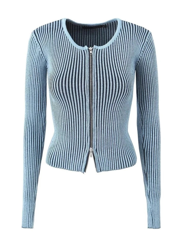 Women Autumn Sweet Striped Elastic Knitted Cardigan Sexy Slim Sweater Chic Long Sleeve Knitwears