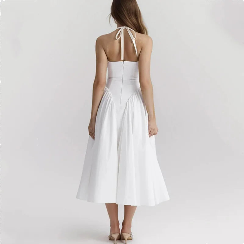 Solide White Bow Halter V Collar Sling Midi Dress Women Low Waist Peated Swing Backless Party Robe