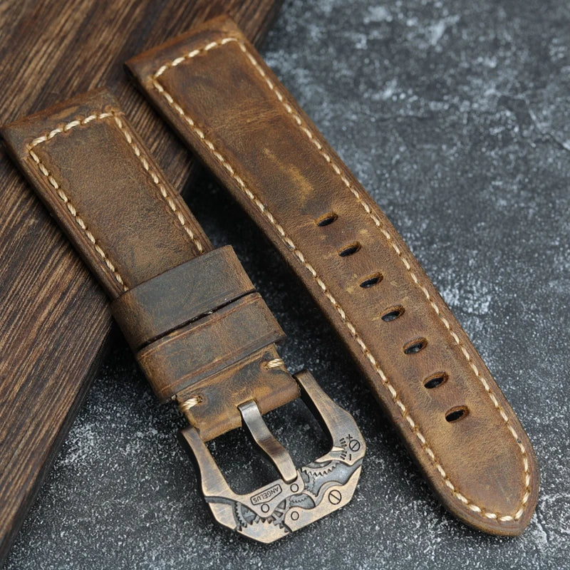 Handmade Vintage Leather Watchband Bronze Watch Buckle 22 24 26MM Brown Men's Bracelet Vintage Style