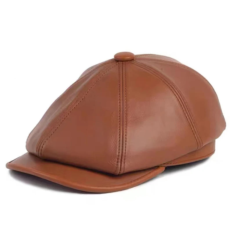 Leather Beret Caps Men Peaky Blinders Genuine Leather Letters Octagonal Hats Male Retro