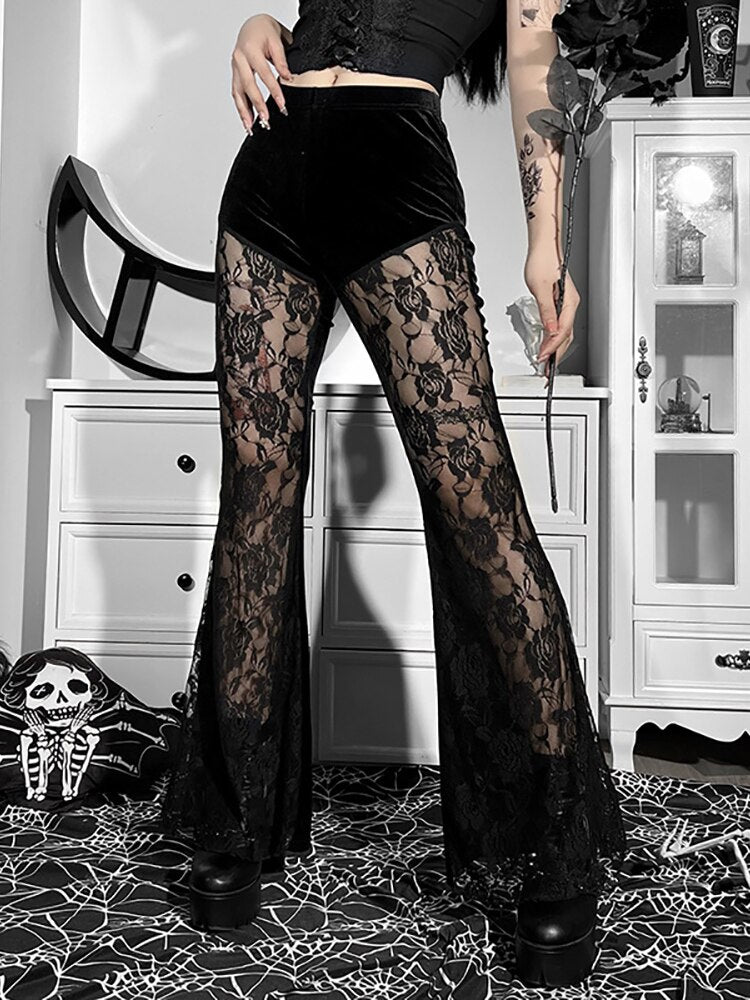 Goth Dark Velvet Vintage Mesh Women Flare Pants Mall Gothic Grunge Sexy See Through Trousers Punk Black Slim Alt Clothes