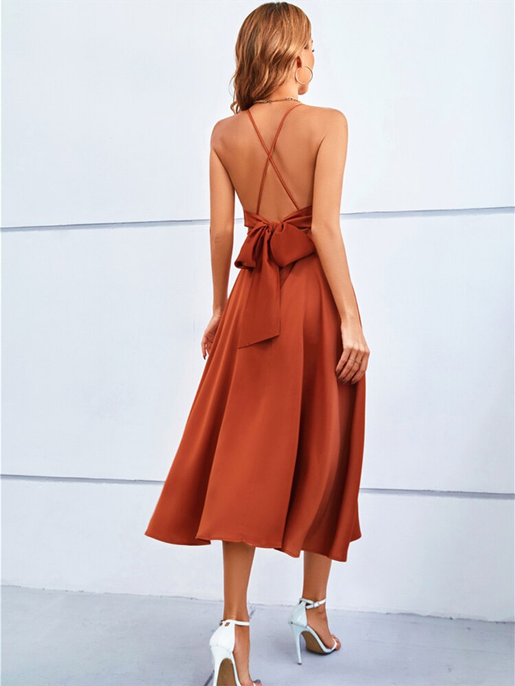 Beach Dress Women Elegant A Line Sexy Satin V Neck Backless Party Dresses Summer Bandage Spaghetti Strap Midi Robe