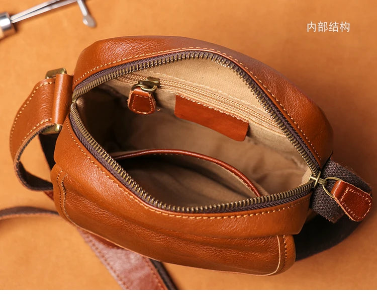 Leather Zipper Men's Shoulder Bag Natural Casual Satchel Man Retro Small Bag