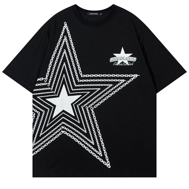 Men T Shirt Streetwear Hip Hop Chain Star Oversized Tshirt Cotton Loose Tee Shirts Summer Casual Top