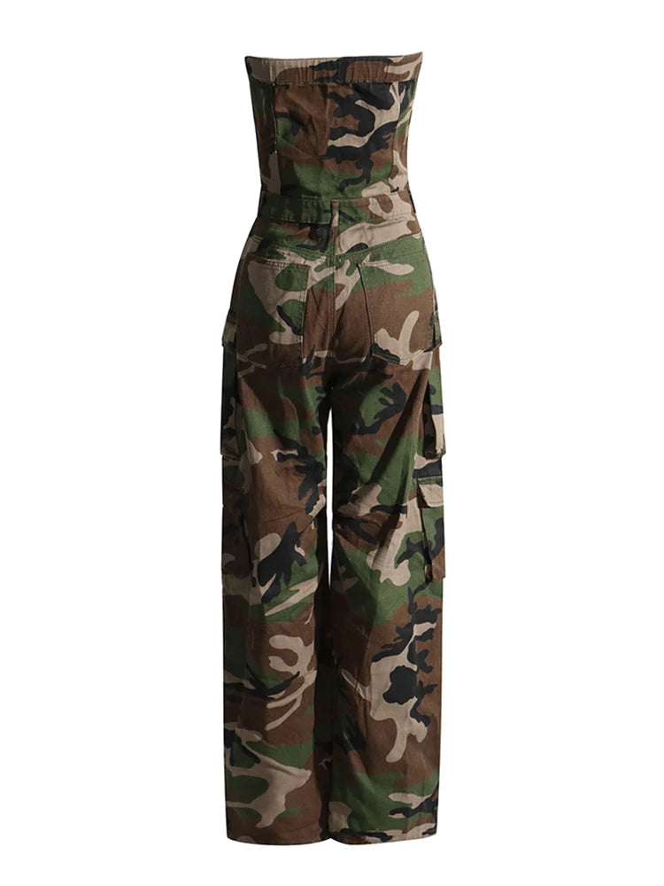 VGH Camouflage Loose Cargo Jumpsuits For Women Strapless Sleeveless High Waist Patchwork Pockets Streetwear Jumpsuit Female New