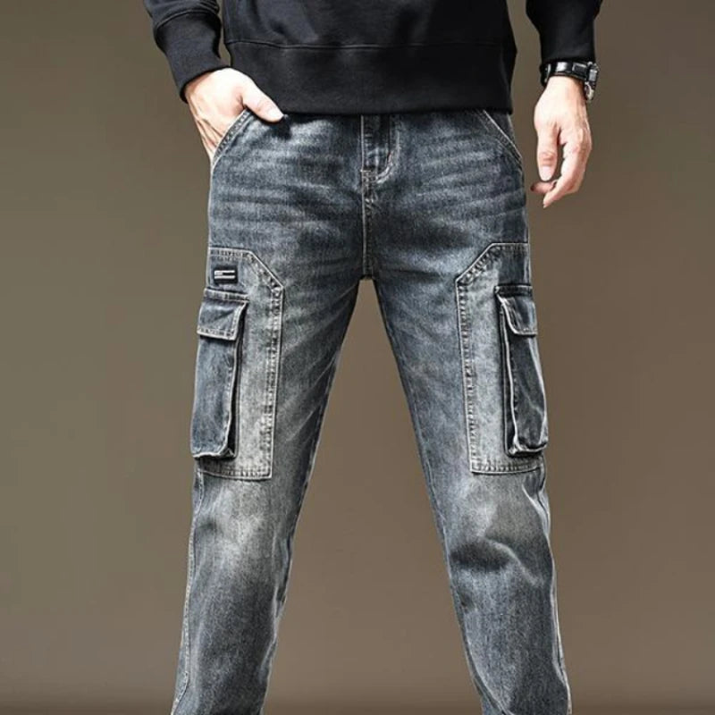 Jeans for Men Straight Pants with Pockets Trousers Cargo Regular Stacked Trend