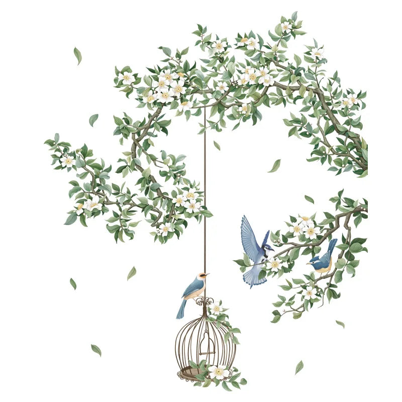 Flower Birdcage Flying Birds Wall Sticker Creative Home Decor Living Room Decals Wallpaper