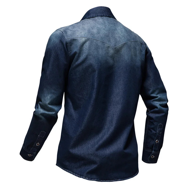 Spring Autumn Denim Shirt Men Casual Long Sleeve shirt Slim Fit Personality Pocket Blue Shirt