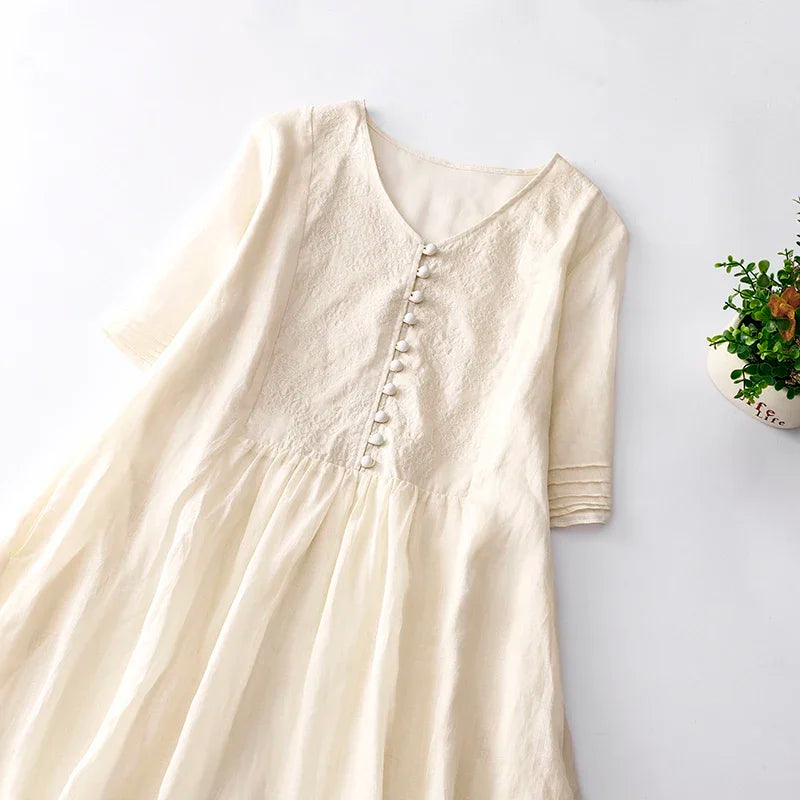 Summer Quality Embroidery Linen Dress Apricot Literary Long Dresses Soft