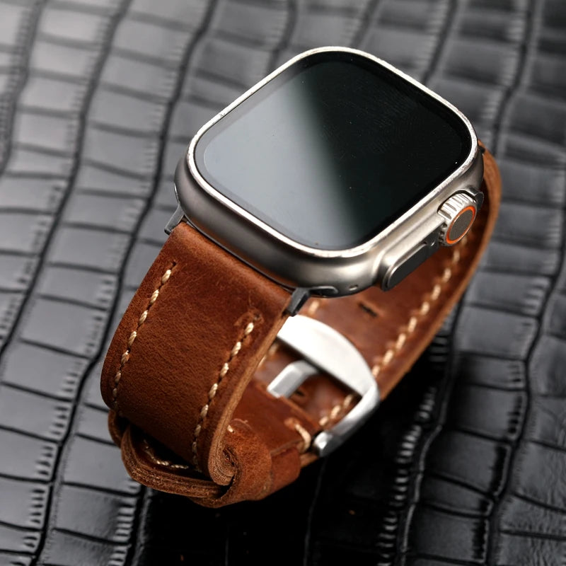 handmade Italian First Leather Watchband For Apple Watch 49mm 45mm iwatch7/8ultra Light Brown Calf Men Leather Strap