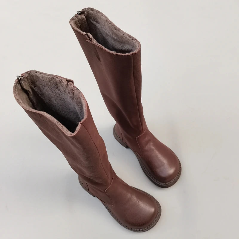 Genuine leather large head wide edition women winter wool handmade boots