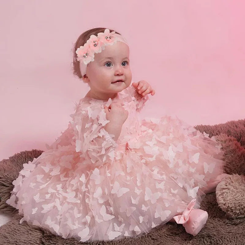 Baby Girl Dress Toddler Birthday Party Costume Long Sleeve Butterfly Sweet Princess Dresses Spring Summer Gauze Pink Midi Dress