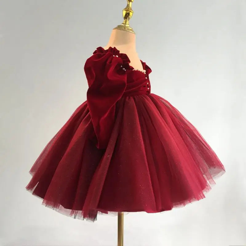 Newborn Baby Girl Princess Xmas Red Pearl Dress Puff Child Winter Evening Gown Baby Clothes