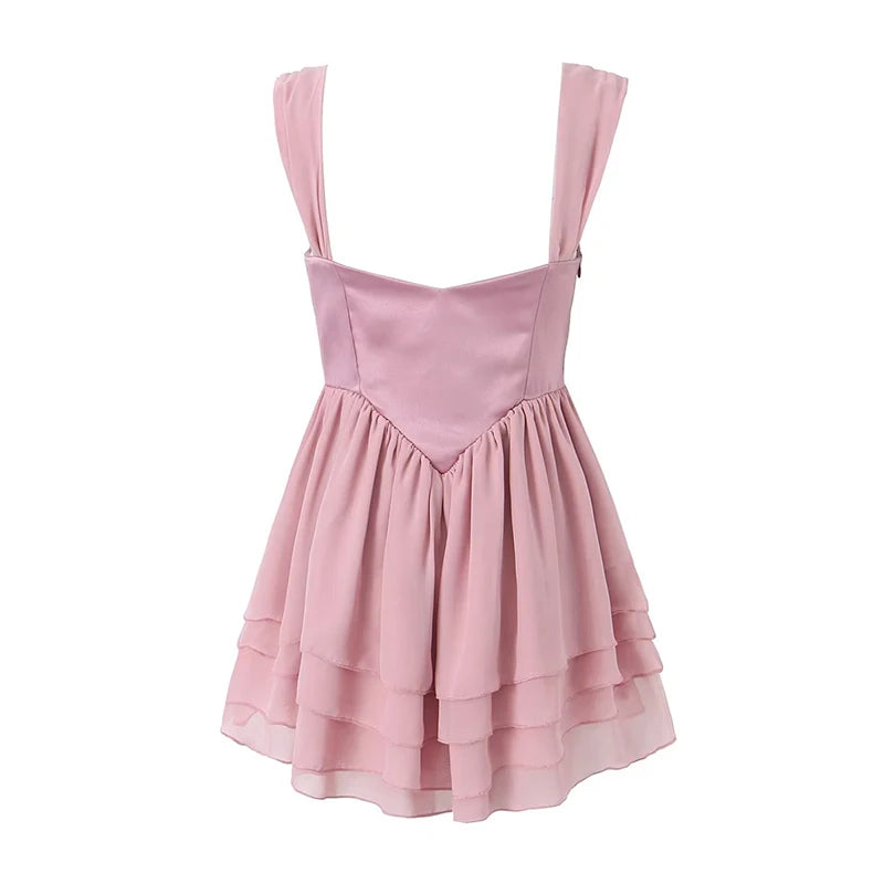 Sweet Women Rose Pink Satin Patchwork Chiffon Sling Dress Summer Female Party Mini Robe Skate Dress