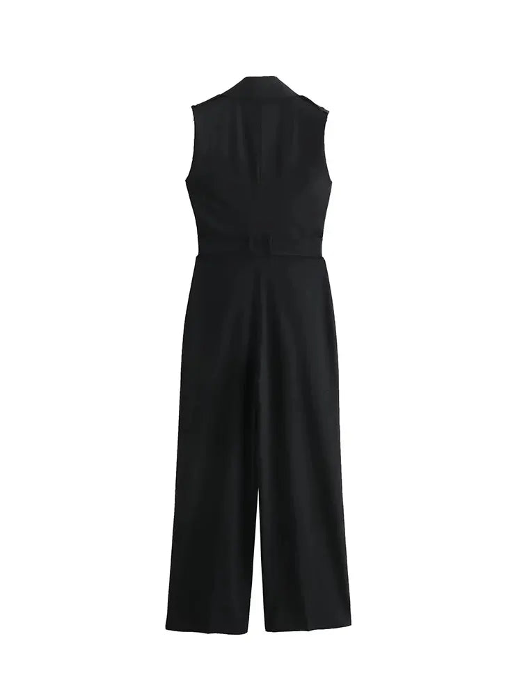 Spring Autumn Jumpsuits Female Jumpsuit Lapel Collar Sleeveless Long Jumpsuit Elegant Women's Overalls