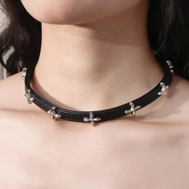 Gothic Black Spike Cross Round Choker Necklace for Women Rivet Neck Jewelry