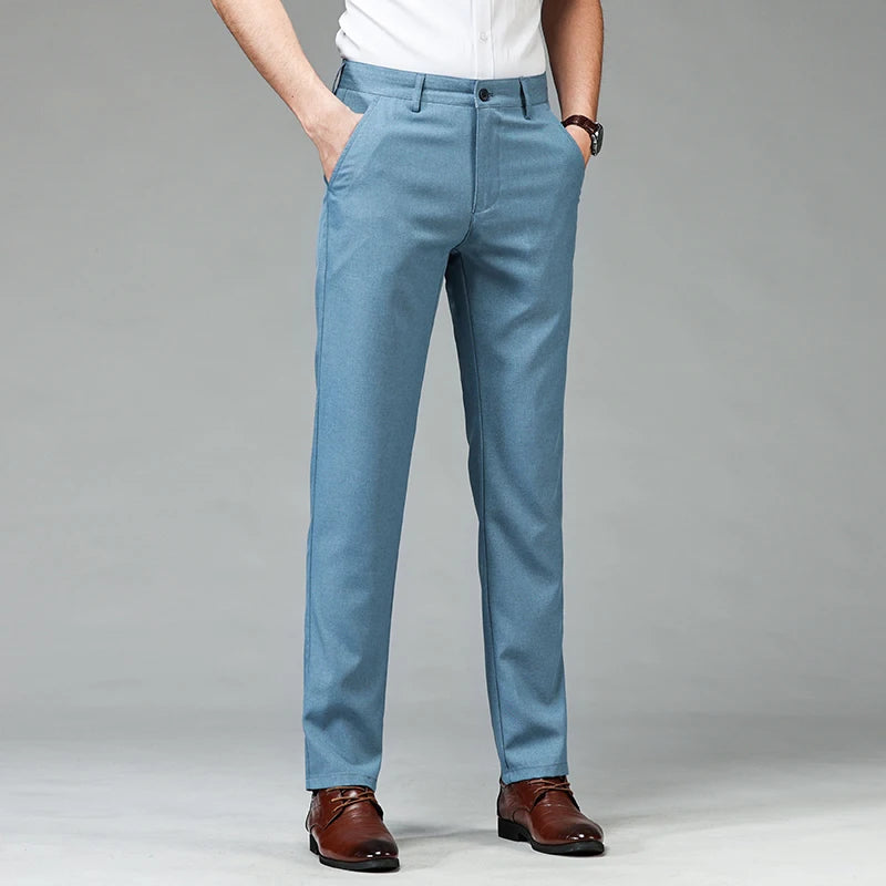 Men Dress Pants Elastic Wrinkle-Free Tailored Trousers Men Smart Casual Loose Straight Pants Thin