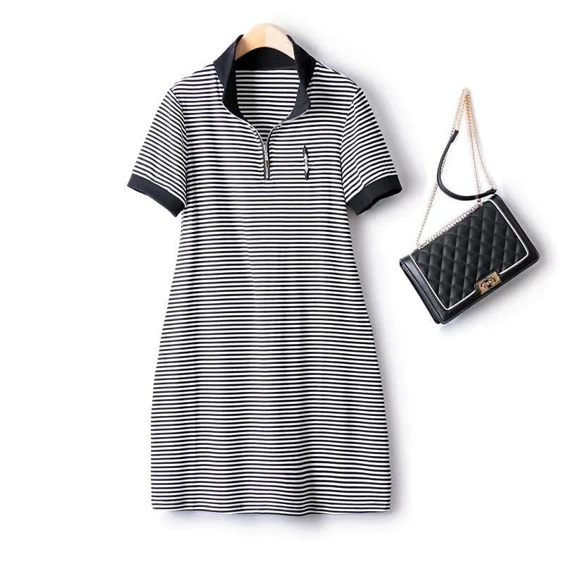 Summer Women's Dresses Classic Horizontal Pinstripe Stand Collar