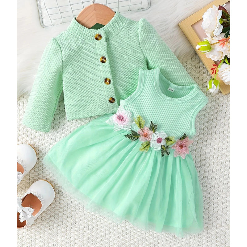 Infant Baby Girls Spring Flower Knitted Mesh Sundress Waffle Cardigan Coat Elegant