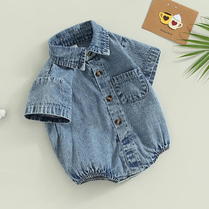 Infant Denim Romper Short Sleeve Turn-Down Collar Baby Jumpsuits Summer Buttons Casual Bodysuits for Infant Boys Girls