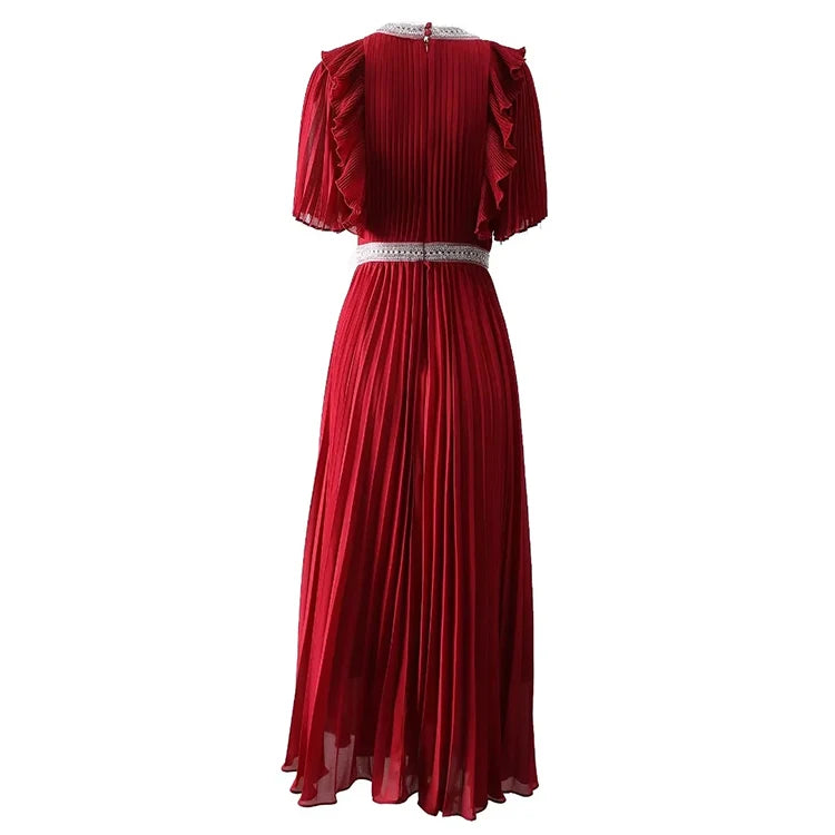 Spring Summer Women's Pleated Dress Flare Sleeved Beading Flounced Edge Dresses