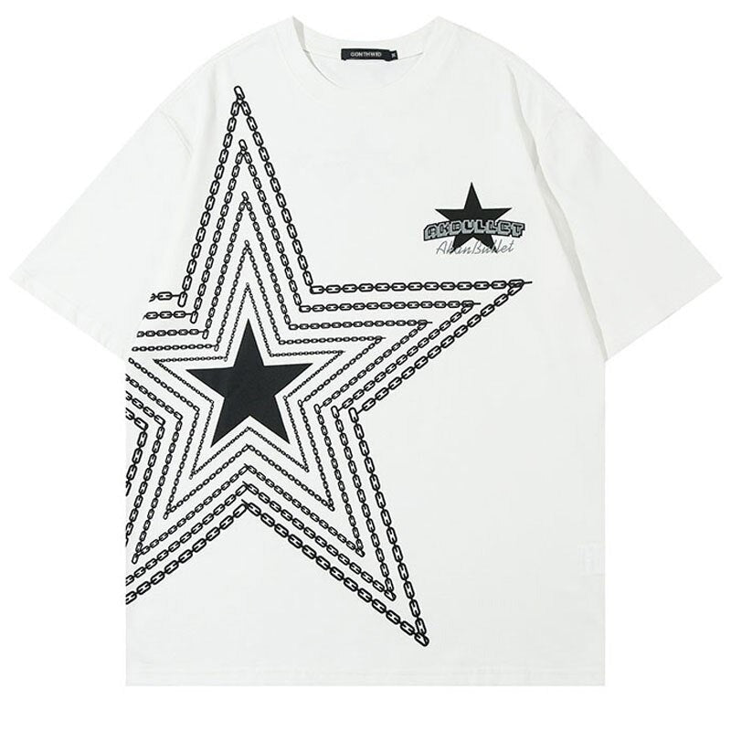 Men T Shirt Streetwear Hip Hop Chain Star Oversized Tshirt Cotton Loose Tee Shirts Summer Casual Top