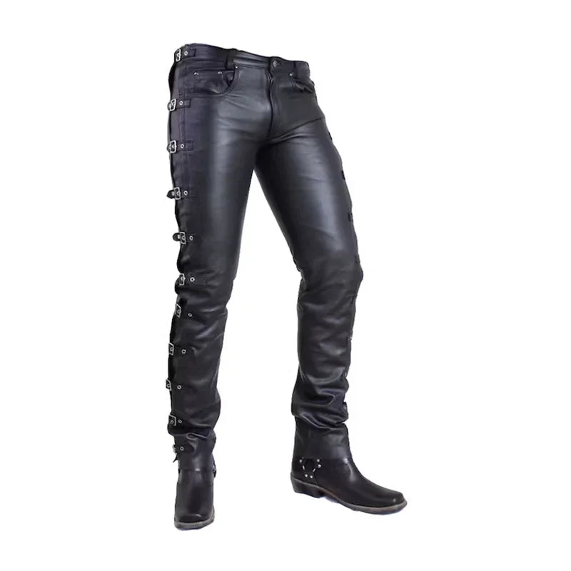 Men Leather Straight Pants Male Slim Splicing Pencil Trousers