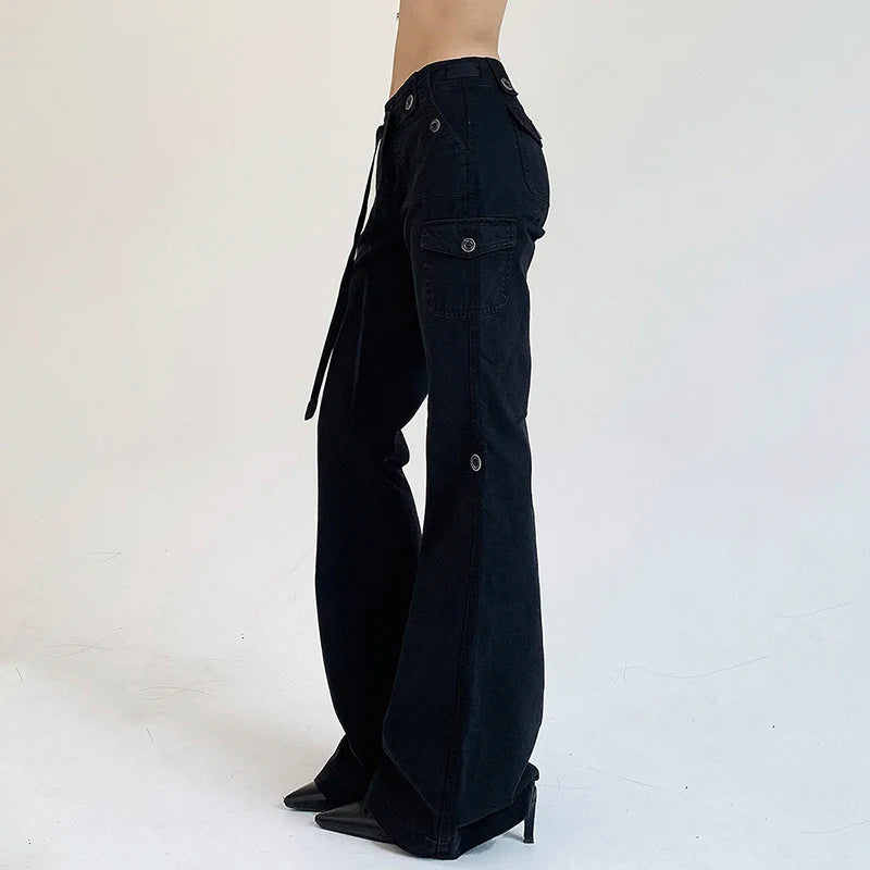 Chic Brown Low Waisted Flared Jeans Stitched Streetwear Denim Trousers