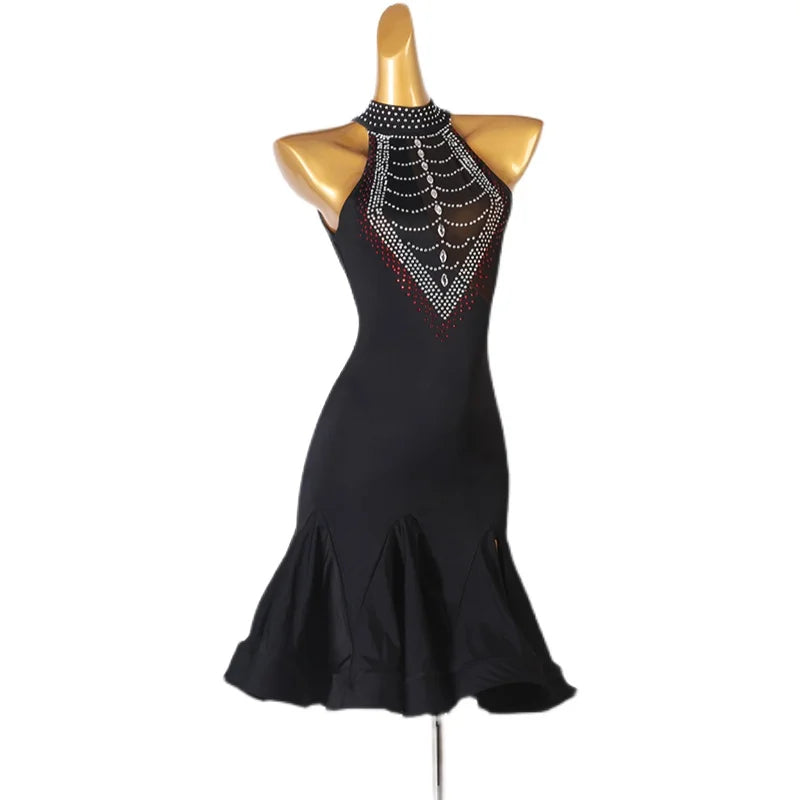 Latin Competition Dance Skirt Women Black Sexy Sparkle Drill Latin Wear Professional Latin Dress