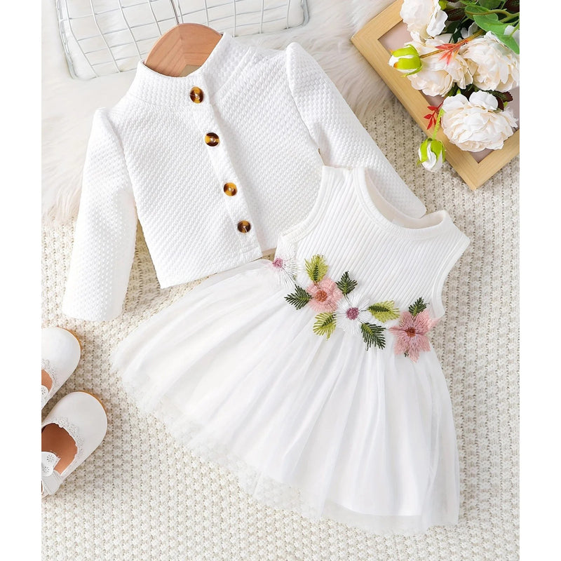 Infant Baby Girls Spring Flower Knitted Mesh Sundress Waffle Cardigan Coat Elegant