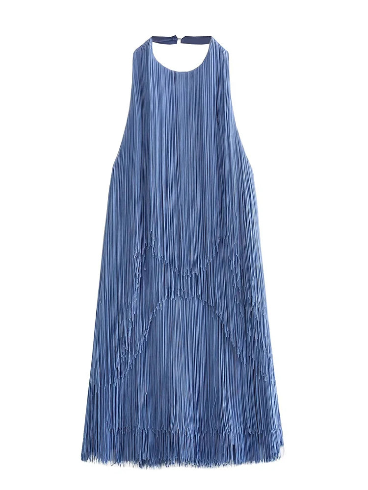 Women Blue Backless Halter Short Fringed Dress