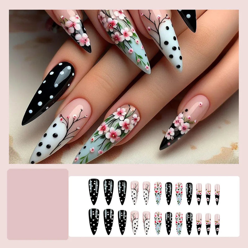 24pcs Wintersweet Press on Nails Black White Nail Tips for Girl Women Wearable Long Almond False Nails