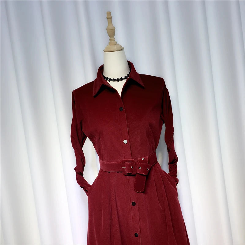 Corduroy Dress Spring Turn-Down Collar Button Sashes Slim Knee-Length Lady Elegant