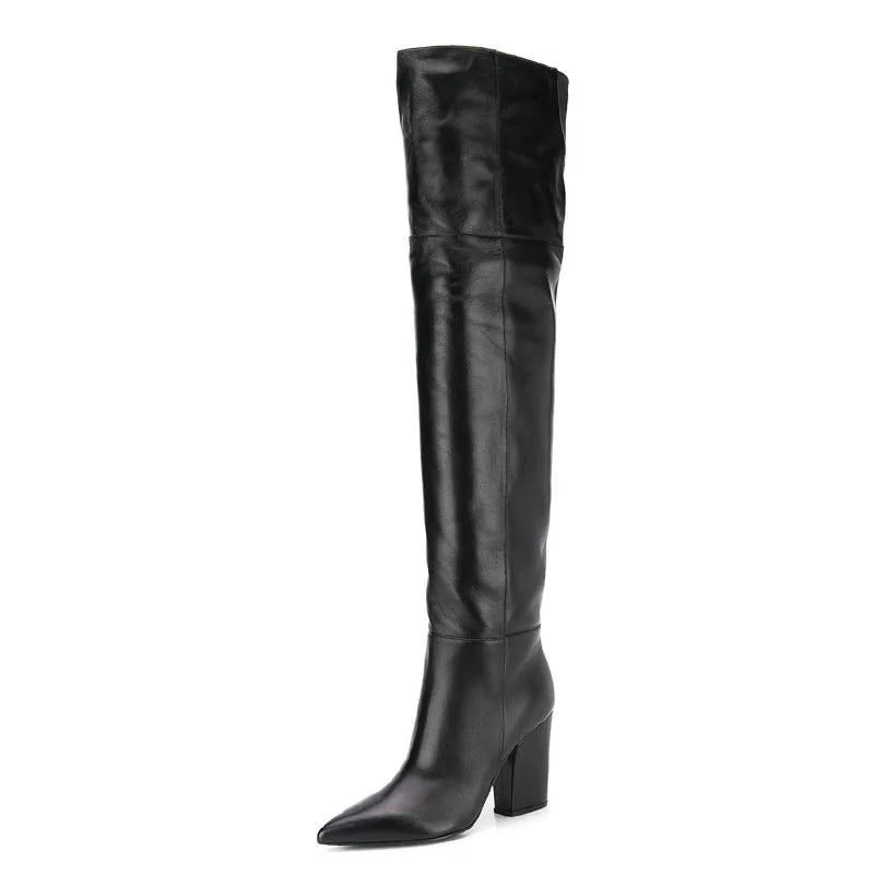 Women Thigh High Boots Genuine Leather Thick High Heels For Women Winter Shoes Over Knee Boots