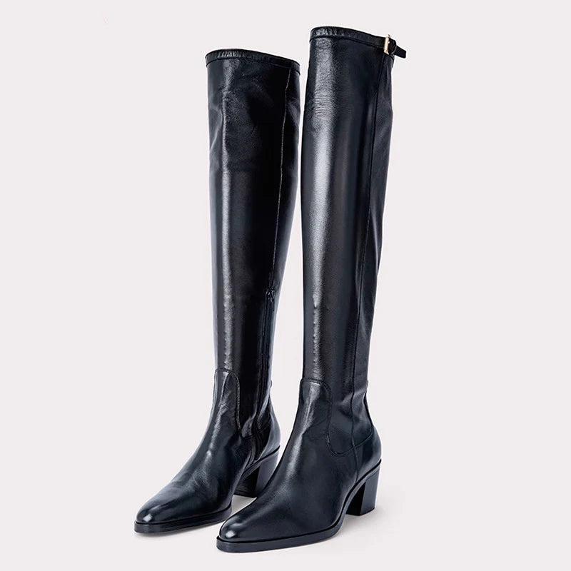 Women's Knee High Boots Med Heels Round Toe Black Dress Casual Female Autumn Winter Warm Shoes