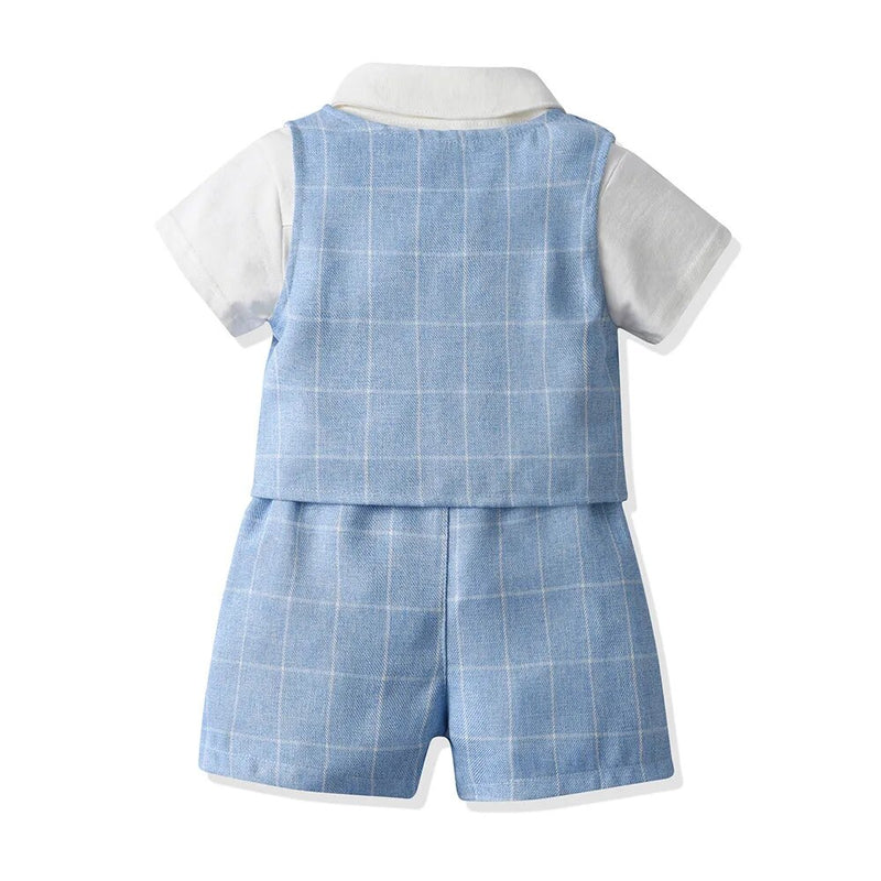 Baby Boy Formal Suit Blue Toddler Boy 1st Birthday Outfit Kids Party Suit Designer Dress Baby Bow Romper Shirt Shorts Vest