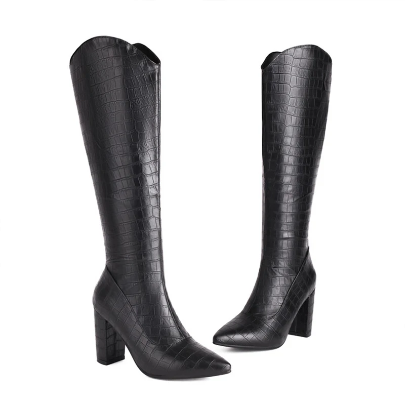 Autumn Winter Knee-High Long Boots Women Rear Zipper Stone Pattern Party Shoes High Heel Boots Female