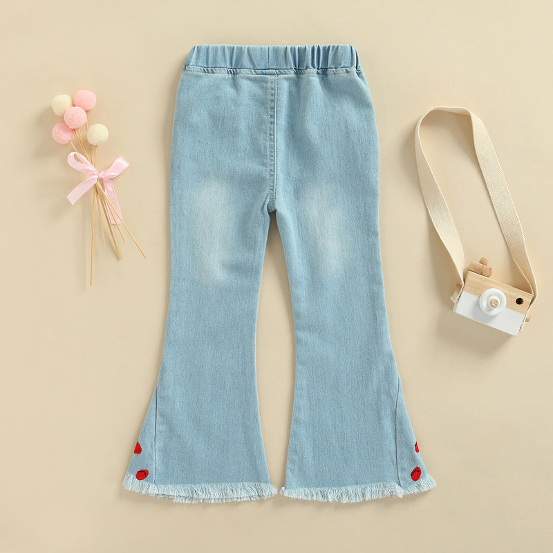 Girls Kids Denim Pants Cherry Embroidered Elastic Waistband Flare Jeans with Pockets