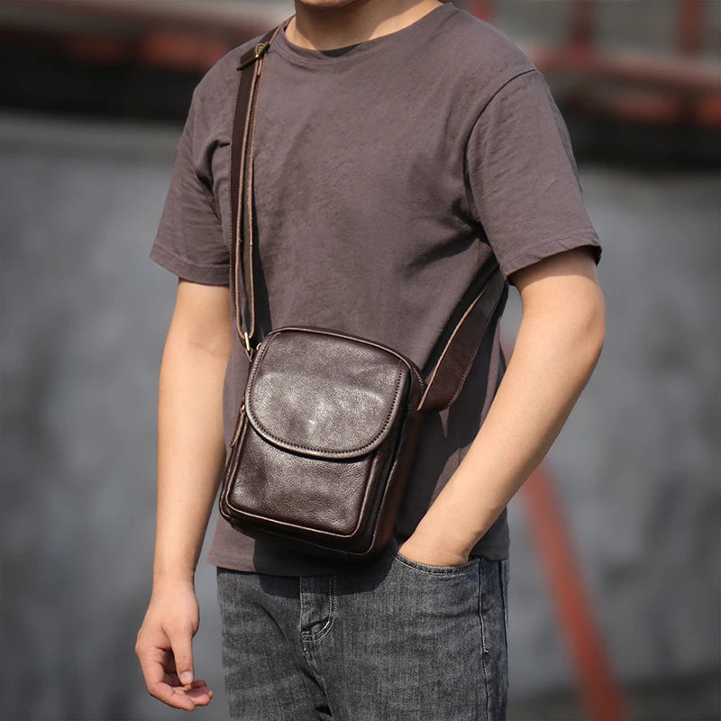 Leather Zipper Men's Shoulder Bag Natural Casual Satchel Man Retro Small Bag