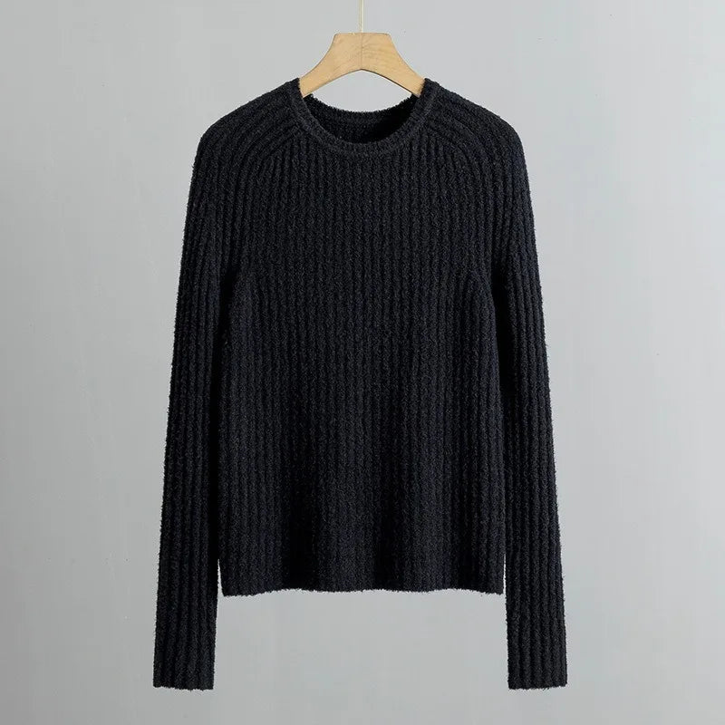 Early Spring Round Neck Pullover Rib Yarn Wool Knitted Slim Minimalist Sweater for Women