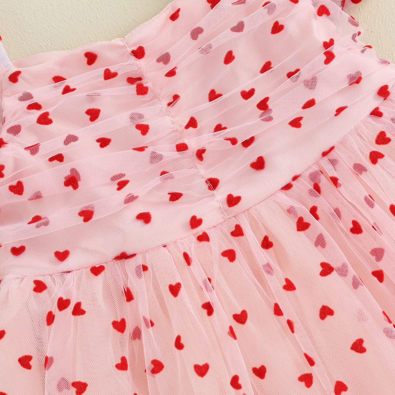 Summer Valentine’s Day Kids Baby Girls Dress Short Puff Sleeve Heart Tulle Dress Cute Princess Dress