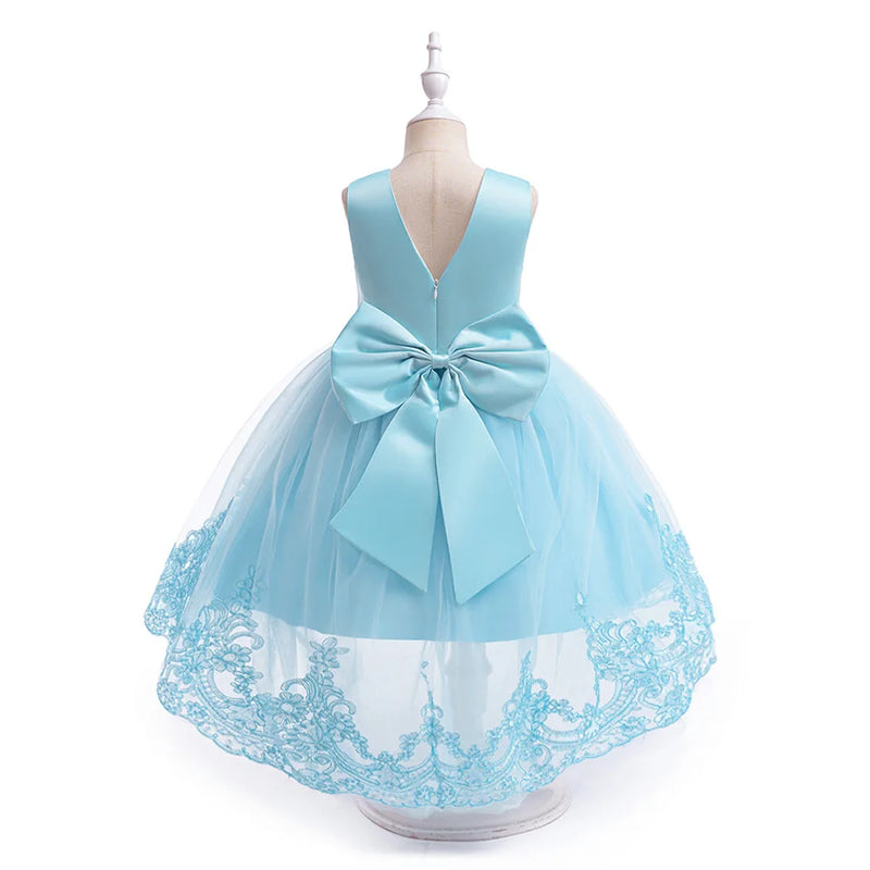 Summer Girl Birthday Party Dress Tulle Trailing Floral Bow Prom Gown Flower Girls Wedding Princess Dress Kids