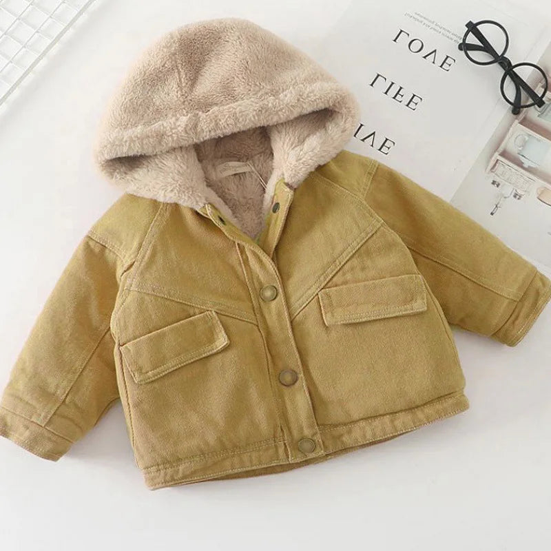 Girls Velvet Denim Coat Autumn Winter Jacket New Children's Thicked Warm Girls Plush Hooded Outerwear