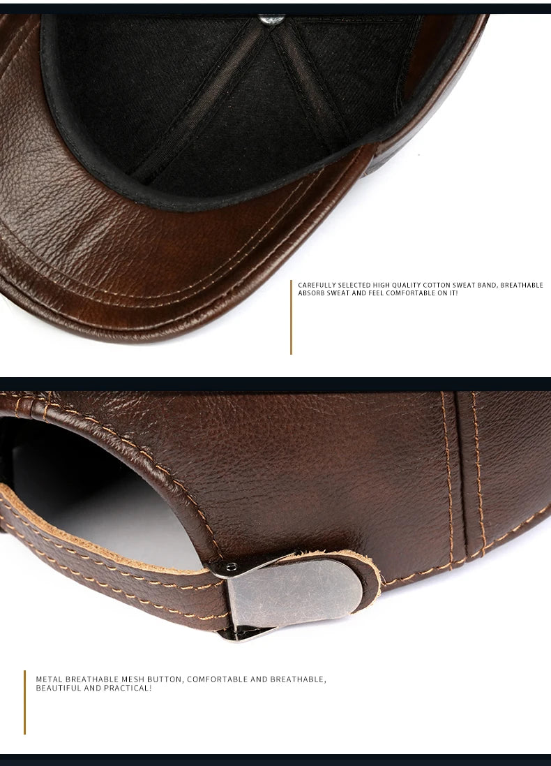 Warm Hat Man Winter Genuine Leather Baseball Caps Male Casual Belt Ear Protect