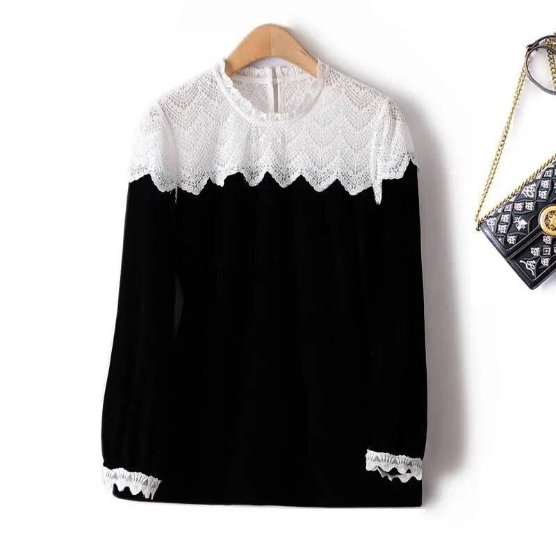 women Spring Autumn French Crochet Stitching Velvet Contrasting Women's T-Shirts