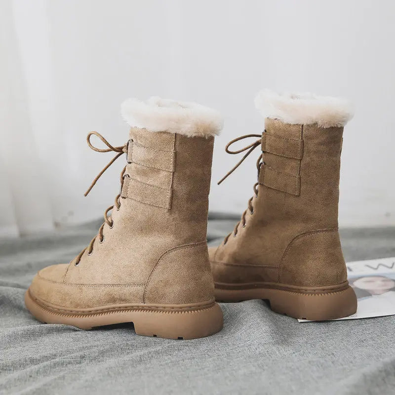 Autumn Winter Middle Boots Women Lace-up Plush Warm Boots Sports Thick-soled Warm Boots