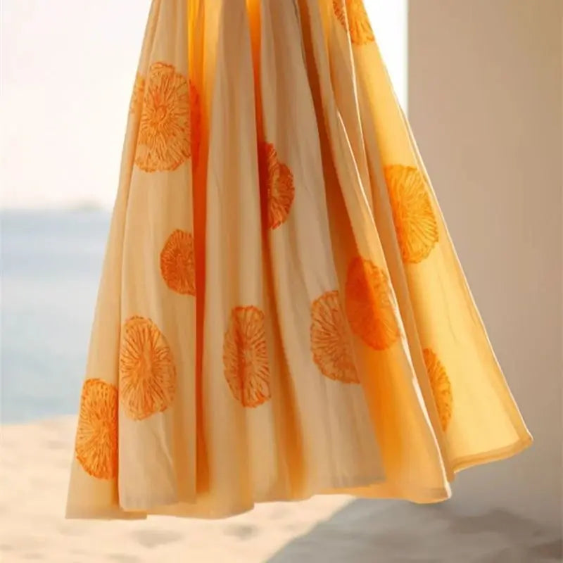 Elegant Floral Silk Satin Skirt Women High Waist Pleated Skirts Casual Holiday