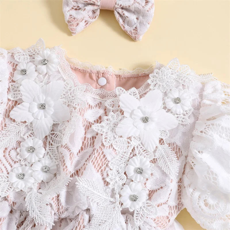 Summer Infant Newborn Girl Outfit Short Sleeve Lace Patchwork Bodysuit Bowknot Headband Clothes