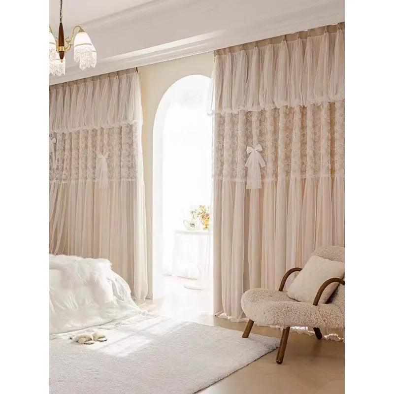 French Lace Double Embroidered Flower Curtains for Living Dining Room Bedroom Yarn One Princess Girl's Room Blackout Feeling