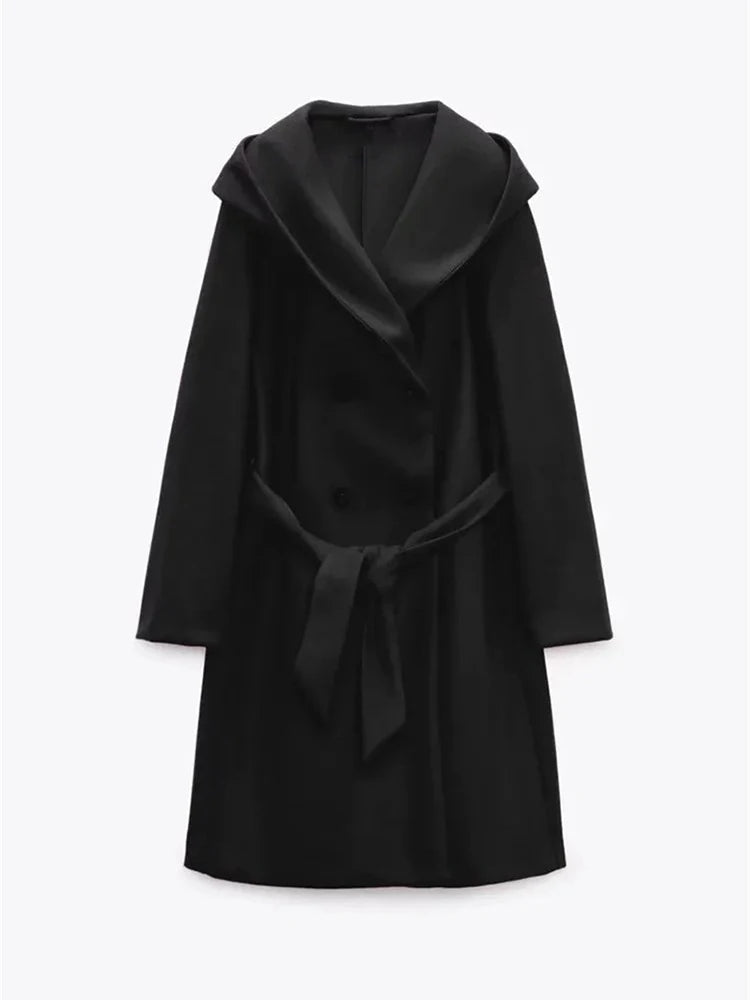 Solid Belt Decorate Elegant Casual Long Hooded Coat Trench Women Jacket